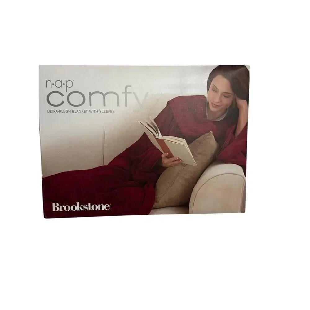 NIB Brookstone Cranberry Ultra Plush Blanket w/Sleeves Satin Trim Christmas gift